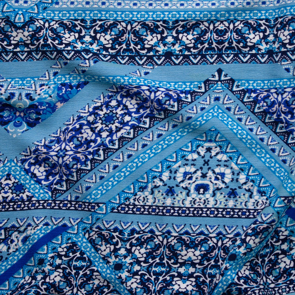 Blue Boho Layered Geometric Rayon Gauze Fabric By The Yard