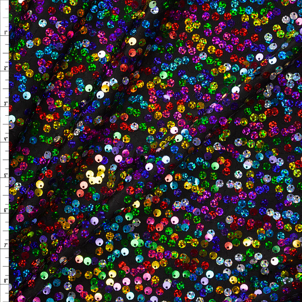 Rainbow Pailette Sequins on Black Designer Sequin Fabric Fabric By The Yard