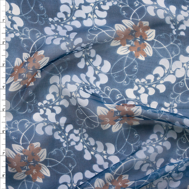Blue and Brown Floral Designer Silk Chiffon Fabric By The Yard