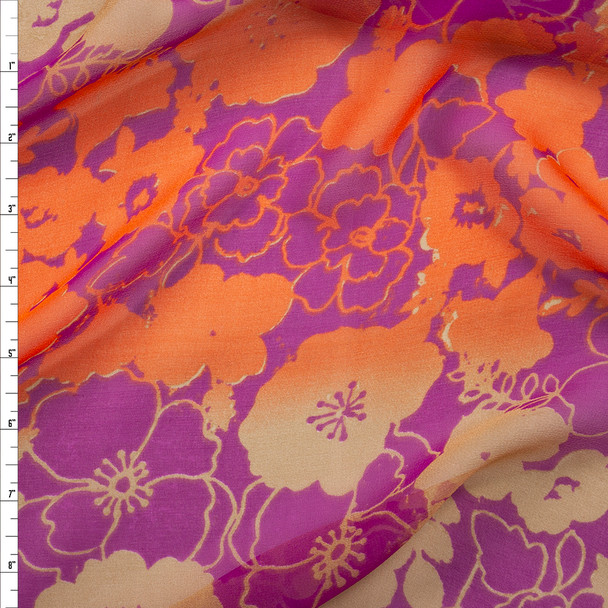 Hot Pink, Orange, and Light Yellow Retro Floral Designer Silk Chiffon Fabric By The Yard