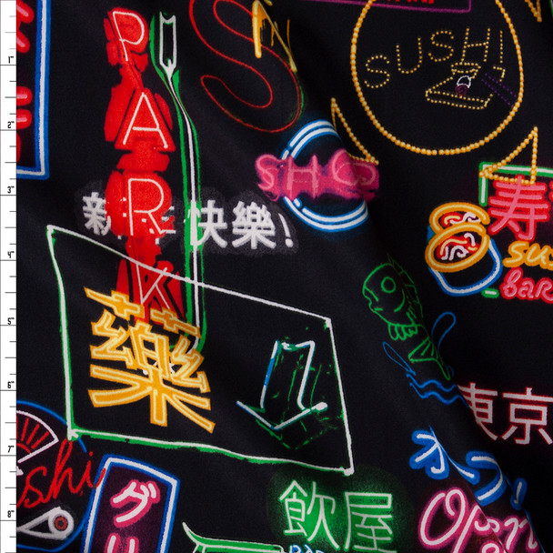 Neon Sushi Signs on Black Double Brushed Poly/Spandex Fabric By The Yard