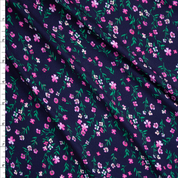 Pink and Green Mini Floral on Eggplant Double Brushed Poly/Spandex Fabric By The Yard