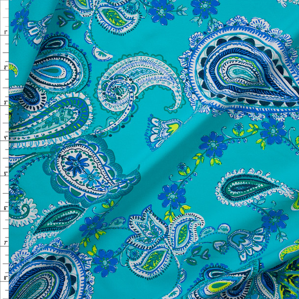 Blue and Yellow Paisleys on Aqua Designer Nylon/Spandex Print Fabric By The Yard