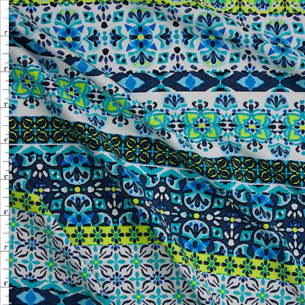 Aqua, Yellow, and White Horizontal Boho Stripe Designer Nylon/Spandex Print Fabric By The Yard