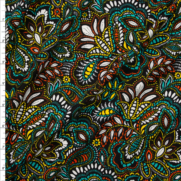 Orange, Black, Turquoise, Yellow, and White Paisley Print Double Brushed Poly/Spandex Fabric By The Yard