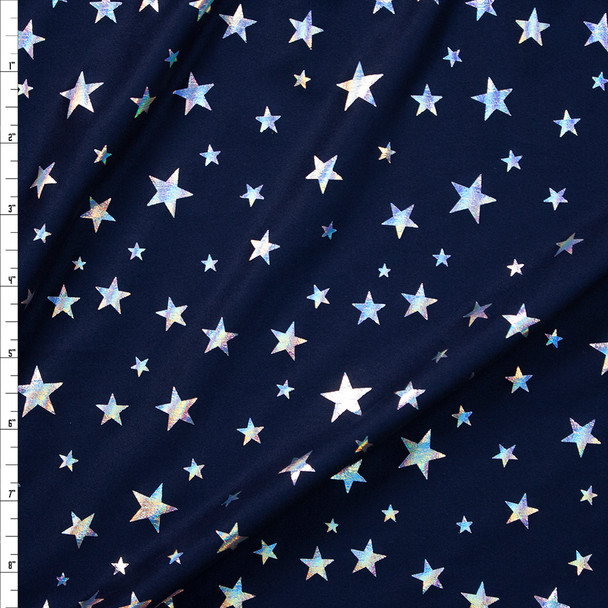 Holographic Silver Stars on Navy Double Brushed Poly/Spandex Fabric By The Yard