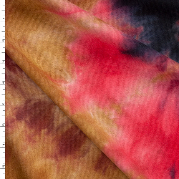 Red, Tan, and Black Tie Dye Midweight Cotton French Terry Fabric By The Yard