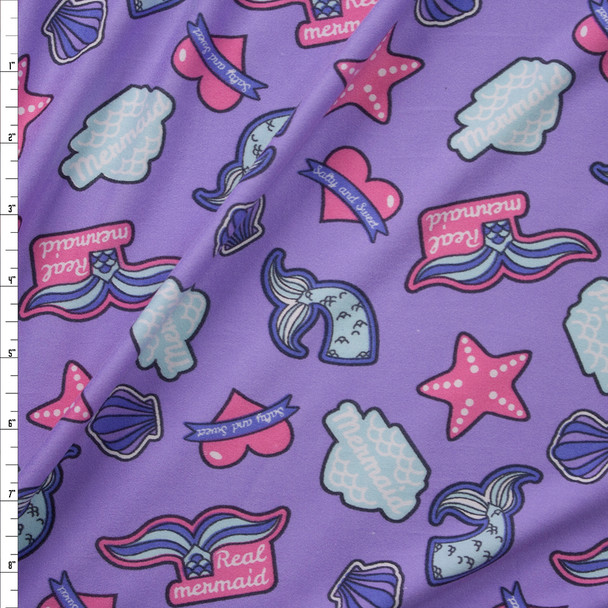 Mermaid Patches on Lavender Double Brushed Poly/Spandex Knit Fabric By The Yard