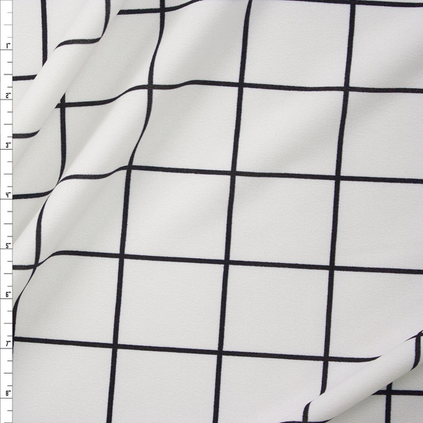 Black Windowpane Check on Offwhite Stretch Crepe Knit Fabric By The Yard