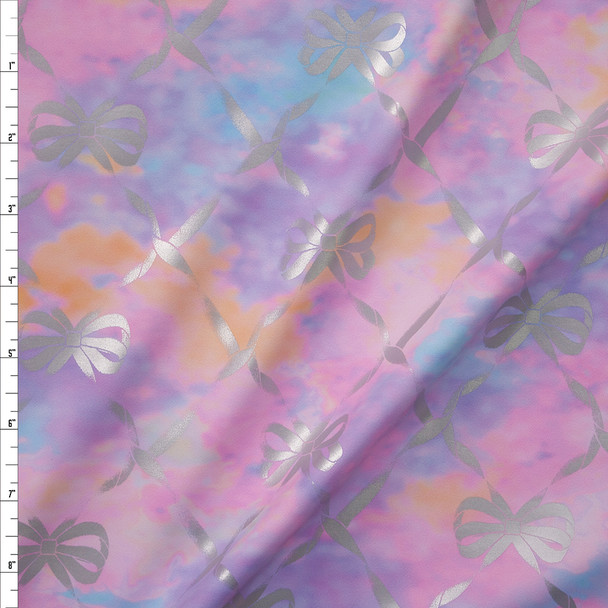 Metallic Silver Ribbons and Bows on Cotton Candy Tie Dye Designer Nylon/Spandex Fabric By The Yard