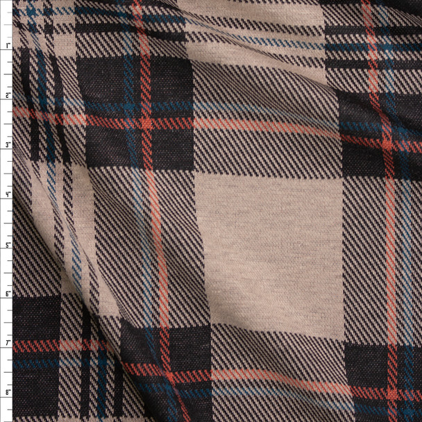 Tan, Brown, Rust, and Slate Plaid Designer Double Knit Fabric By The Yard