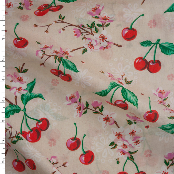 Cheery Blossom Natural Cherries and Blossoms Cotton Lawn from Robert Kaufman Fabric By The Yard