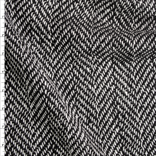 Grey Black Large Herringbone Designer Wool Coating Fabric By The Yard