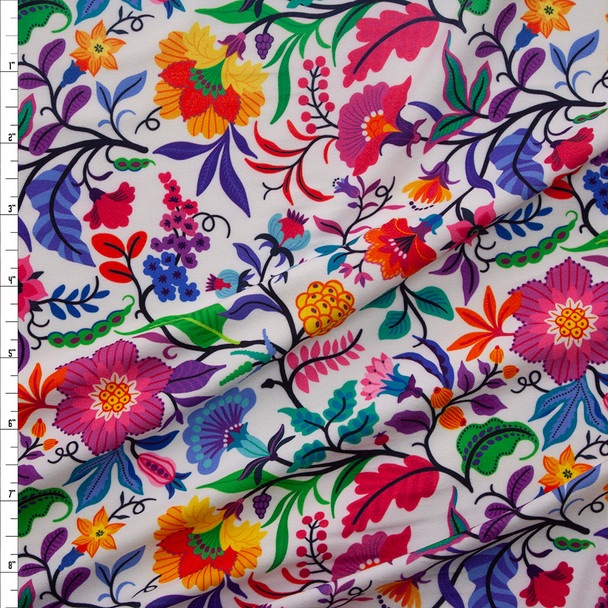 Vibrant Vine Floral on White Stretch Double Brushed Poly/Spandex Knit Fabric By The Yard