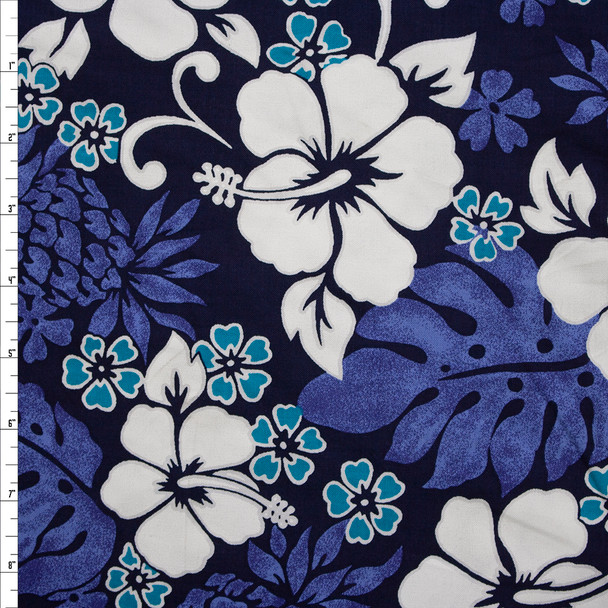 Turquoise, White, and Navy Hibiscus Island Floral Cotton Poplin Fabric By The Yard