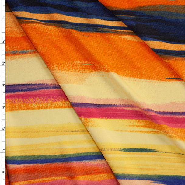 Pink, Navy. Orange, and Yellow Horizontal Paint Stripe Stretch Poly Knit Fabric By The Yard