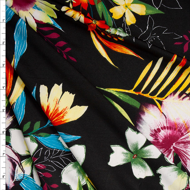 Vibrant Island Floral on Black Stretch Poly ITY Knit Fabric By The Yard