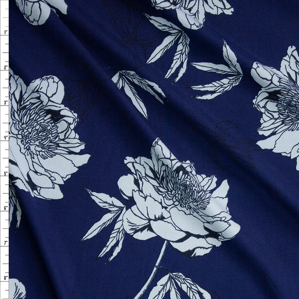 Large Light Blue Sketch Flowers on Navy Double Brushed Poly/Spandex Knit Fabric By The Yard
