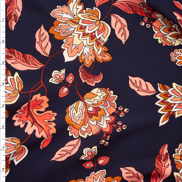 Bright Coral, Pink, Yellow, and White Ornate Floral on Navy Blue Rayon Challis Fabric By The Yard
