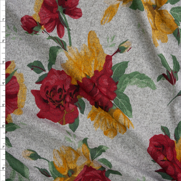 Red, Yellow, and Green Roses on Heather Grey Hacci Knit Fabric By The Yard
