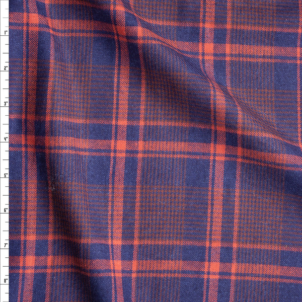 Navy, Orange, and Brown Plaid Soft Designer Flannel Fabric By The Yard