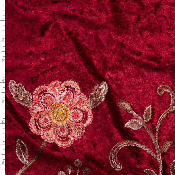 Tan and Coral Flowers on Burgundy Embroidered Border Stretch Velour Fabric By The Yard