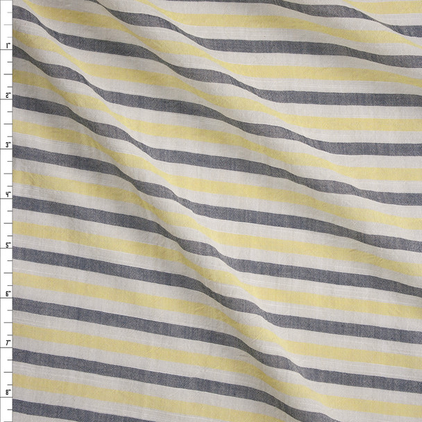 Charcoal and Yellow Horizontal Stripe on White Cotton Lawn Fabric By The Yard