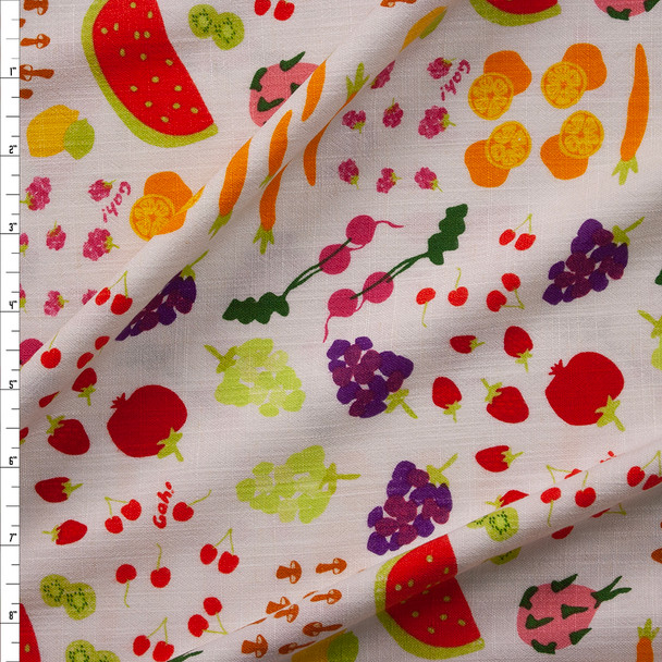 Hand Drawn Summer Fruit on Offwhite Linen Look Fabric By The Yard