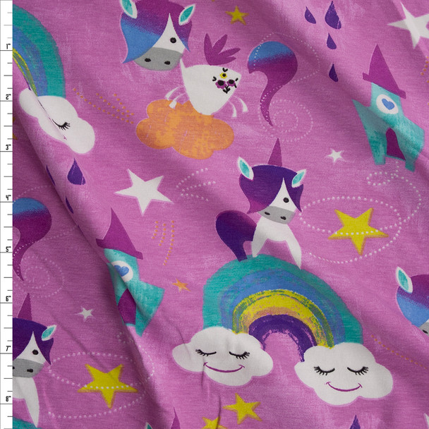 Rainbow Emo Unicorn Castles Pink Cotton/Spandex Stretch Jersey Fabric By The Yard