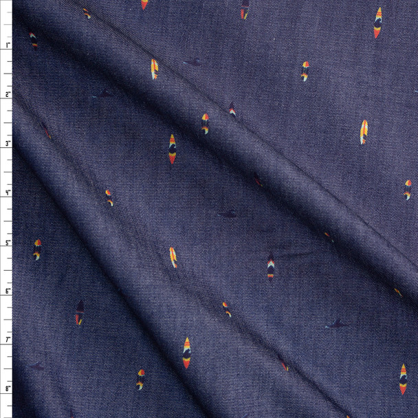 Colorful Diamond Streaks on Indigo Designer Rayon Chambray Fabric By The Yard