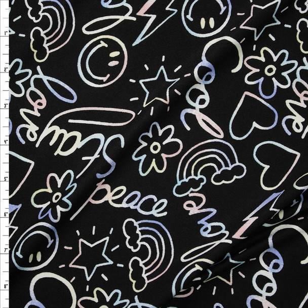 Smiles and Rainbows on Black Double Brushed Poly Fabric By The Yard