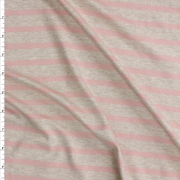 Blush and Oatmeal Horizontal Pencil Stripe Designer Stretch Rayon Jersey Fabric By The Yard
