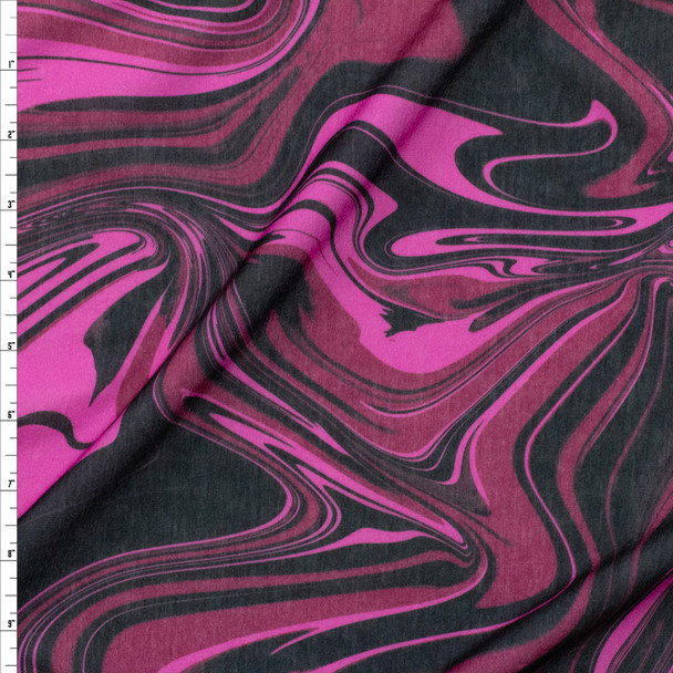 Hot Pink and Black Swirl Spun Poly Jersey Knit Fabric By The Yard