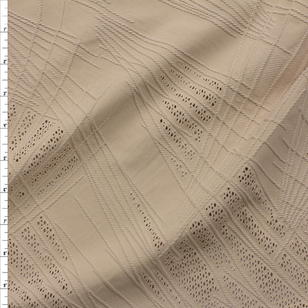 Light Tan Textured Geometric Lines Mesh Border Midweight Designer Spandex Fabric By The Yard