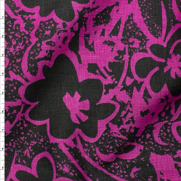 Fuchsia on Black Paintbrush Floral Linen Fabric By The Yard