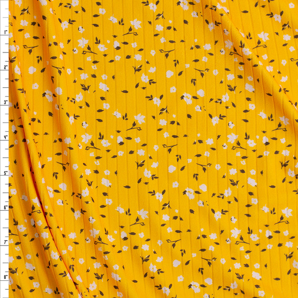 White and Charcoal Floral on Yellow Double Brushed Poly Rib Fabric By The Yard
