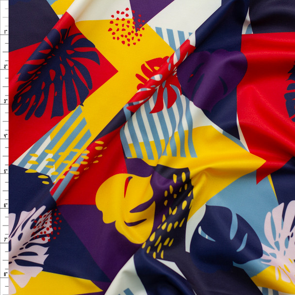Red, Blue, and Yellow Palms Geometric Spandex Swim Knit Fabric By The Yard