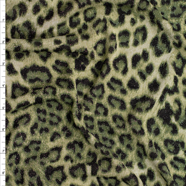 Metallic Silver Shimmer on Olive Leopard Print Hatchi Knit Fabric By The Yard
