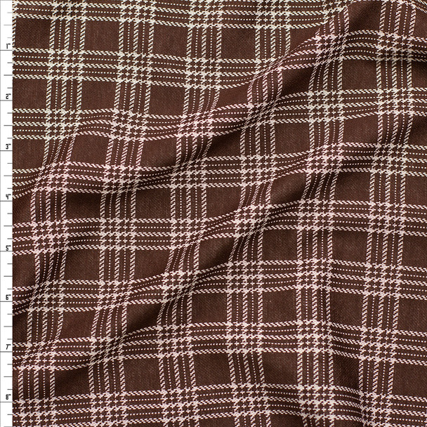 Brown and Offwhite Plaid Textured Double Knit Fabric By The Yard