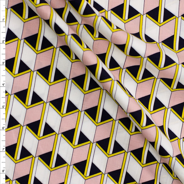 Blush, Yellow, and Black Geometric on White Cotton/Linen Print Fabric By The Yard