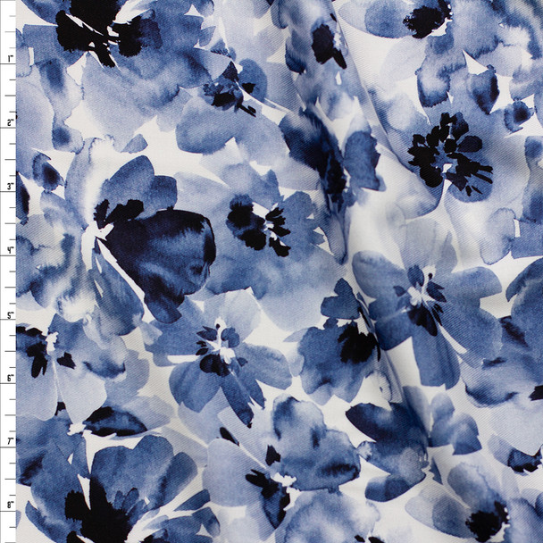 Blue Watercolor Floral on White Rayon Twill Fabric By The Yard