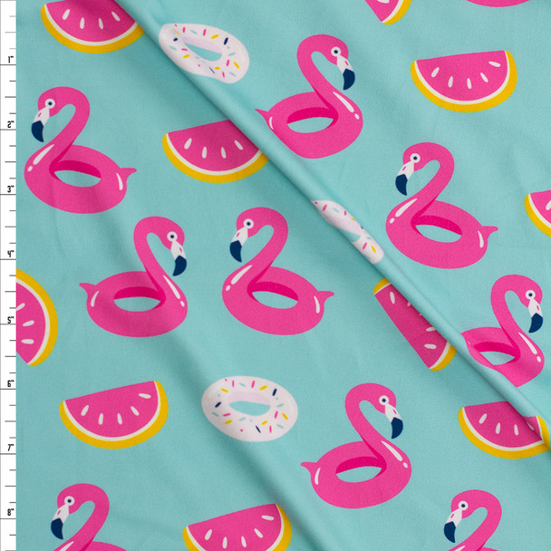 Flamingo, Citrus, and Donut Floats on Bright Aqua Double Brushed Poly Fabric By The Yard