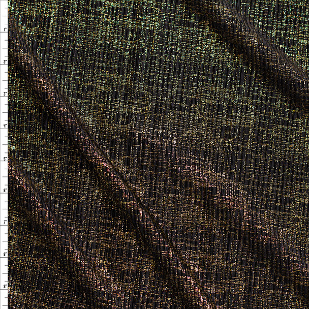 Metallic Gold Linen Print on Black Poly Accordion Knit Fabric By The Yard