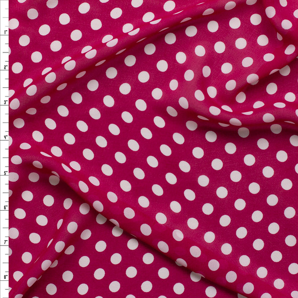 White on Fuschia Polka Dots Poly Chiffon #26276 Fabric By The Yard