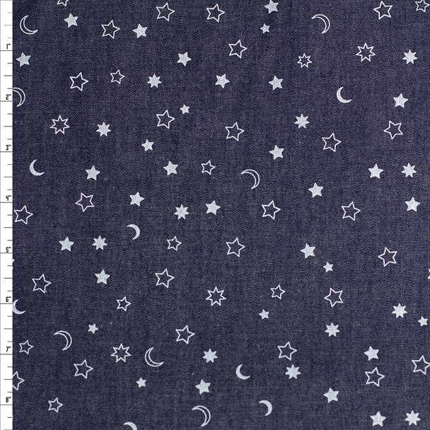 White Moons and Stars on Dark Indigo Lightweight Denim Fabric By The Yard