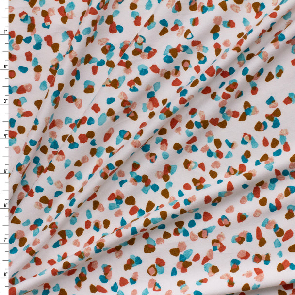 Nutmeg, Rust, Aqua, and Teal Paint Dots on Warm White Double Brushed Poly/Spandex Knit Fabric By The Yard