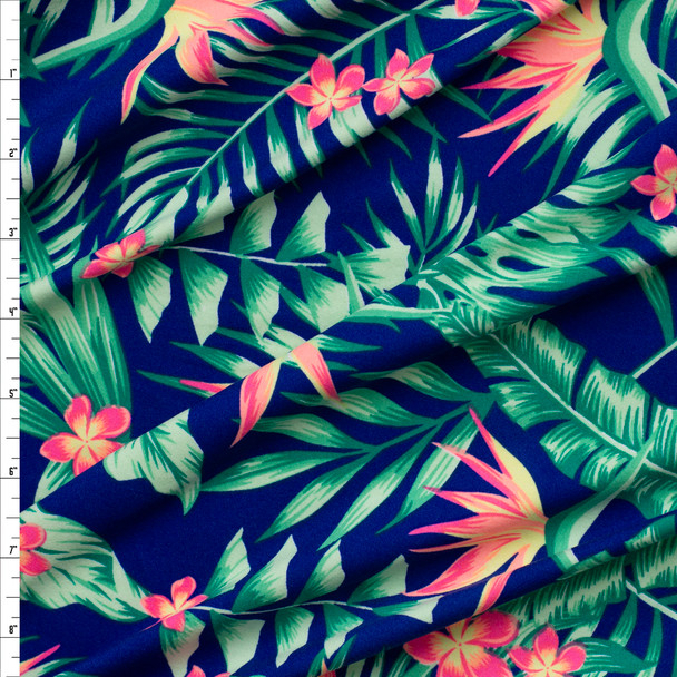 Neon Island Floral on Deep Blue Double Brushed Poly/Spandex Knit Fabric By The Yard