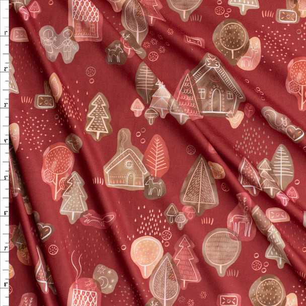 Christmas Tree Cottage on Wine Double Brushed Poly/Spandex Knit Fabric By The Yard