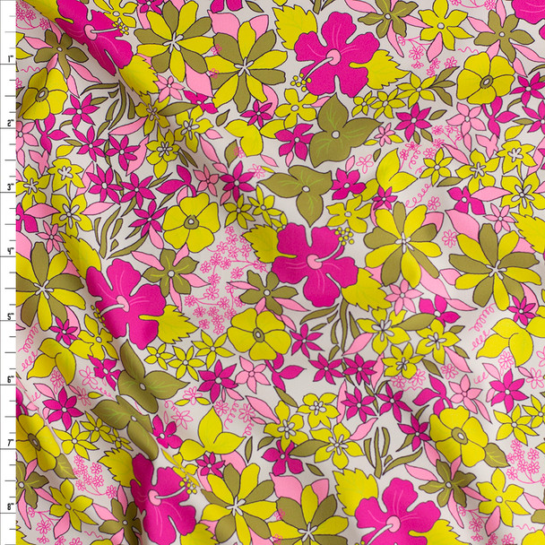 Neon Pink, Yellow, and Olive Island Floral on White Nylon/Spandex Fabric By The Yard