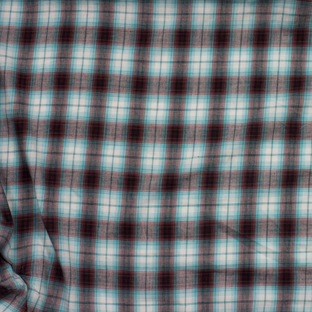 Rust Brown and Turquoise Plaid Cotton Shirting